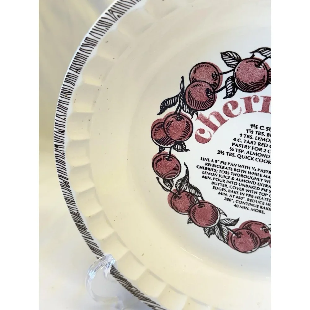 VTG Cherry Pie Recipe Ceramic Pie Dish White Red Black Made In USA